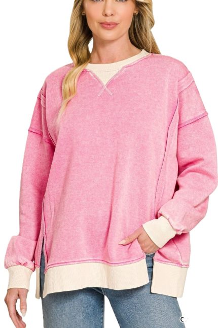 Fleece Acid Washed Contrast Trim Pullover