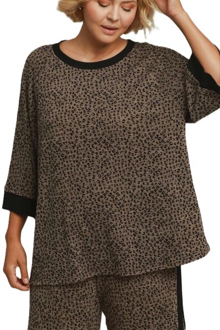Plus Leopard Velvet Blend 3/4 Raglan Sleeve Top
