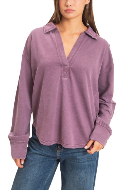 Mineral Washed Polo Collar Long Sleeve Top