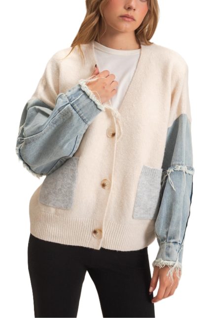 V-neck Cardigan With Distressed Denim Sleeves