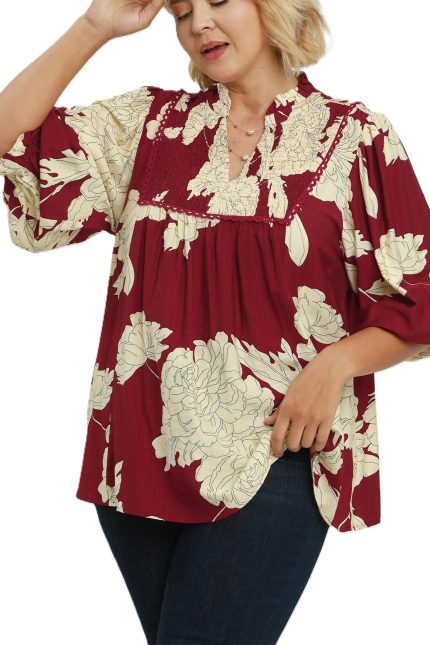 Plus Floral Smocked Yoke Peasant Blouse
