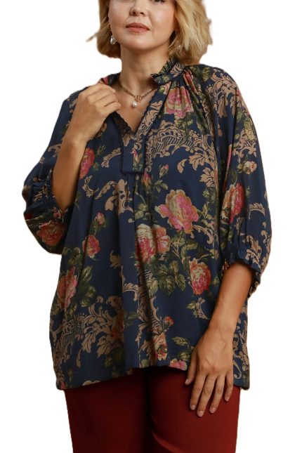 Plus Size Floral Ruffle Neck Blouse
