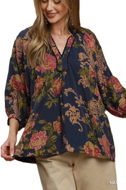 Floral Ruffle Neck Blouse