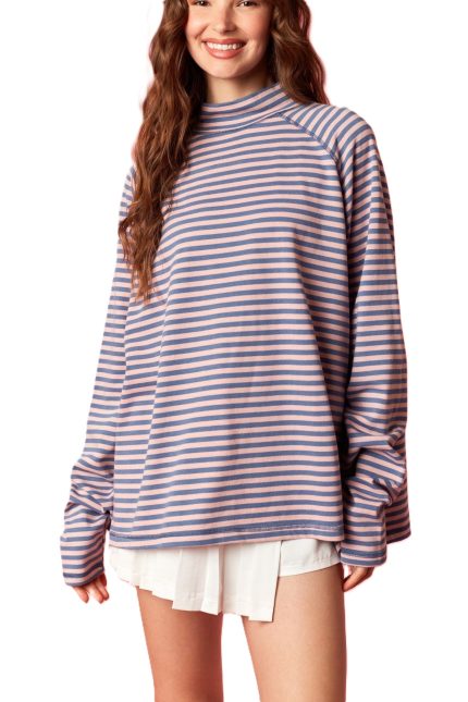 Striped Mock Neck Raglang Longsleeve Top