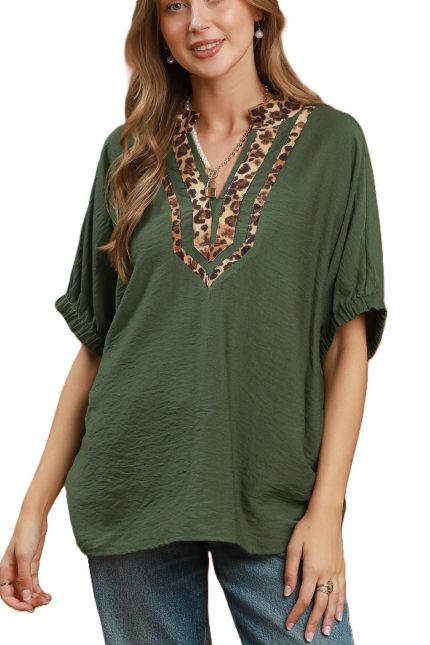 Leopard Trim Dolman Sleeve Blouse