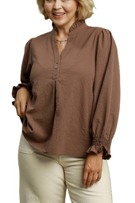 Plus Chambray Blouse With Smocked Balloon Sleeves
