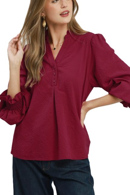 Chambray Blouse With Smocked Balloon Sleeves