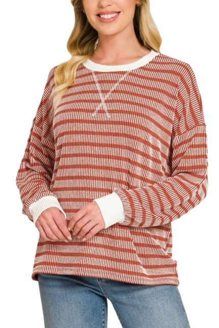 Plus Raised Rib Striped Round Neck Pullover
