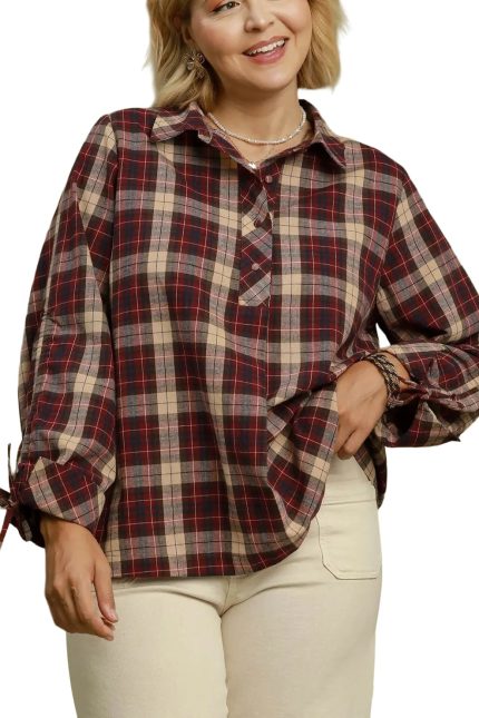 Plus Mix Plaid Tie Sleeve Button-front Blouse