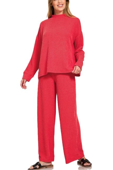 Plus Raised Rib Mock Neck Long Sleeve Tee And Pants Set