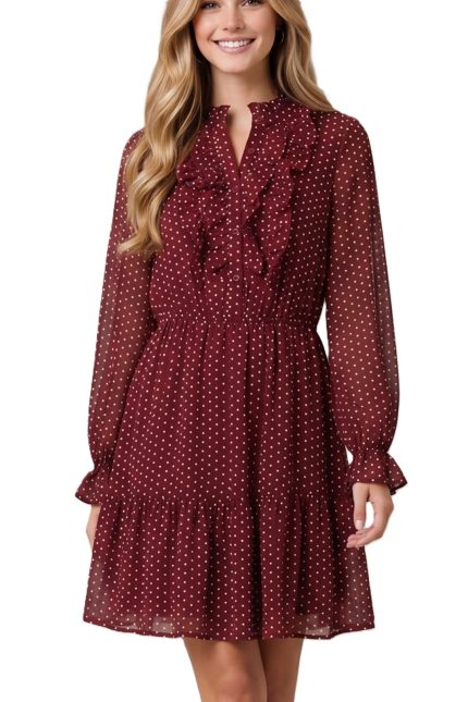 Ruffled Button Down Polkadot Woven Mini Dress