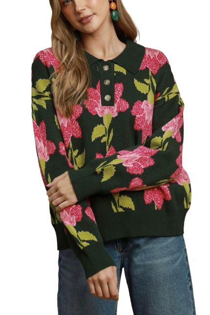 Floral Collared Knit Sweater