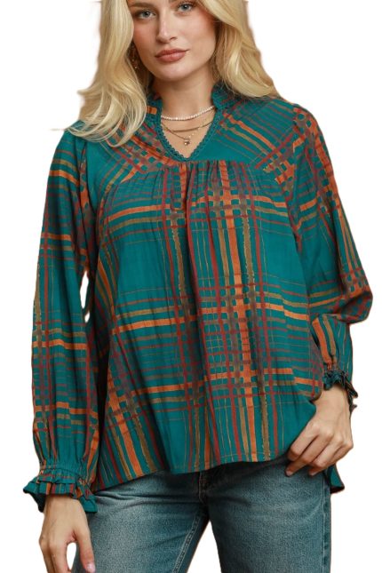 Abstract Plaid Print Lace Trim Peasant Blouse