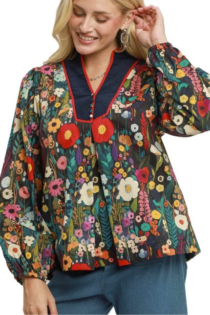 Floral Print Contrast Trim Babydoll Blouse