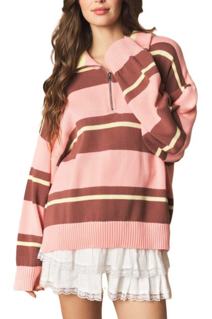 Multi Wide Stripe Pull Over Collar Knit Sweater