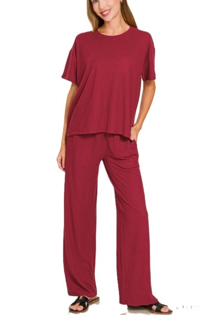 Soft Hacci Short Sleeve Tee And Long Pants Set