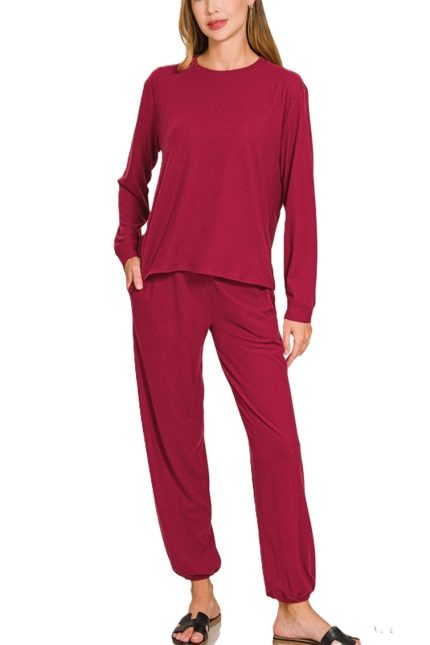 Soft Hacci Long Slv Round Neck Tee And Joggers Set