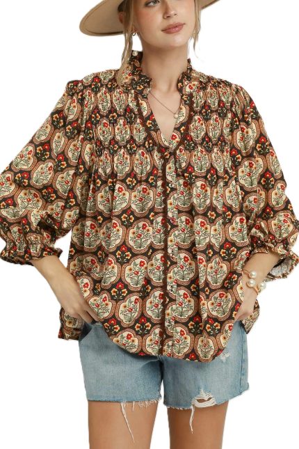 Boho Floral Medallion Print Split Neck Blouse
