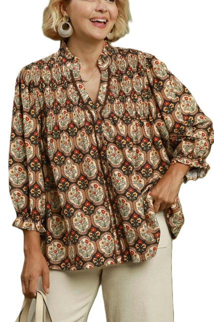 Plus Boho Floral Medallion Print Split Neck Blouse