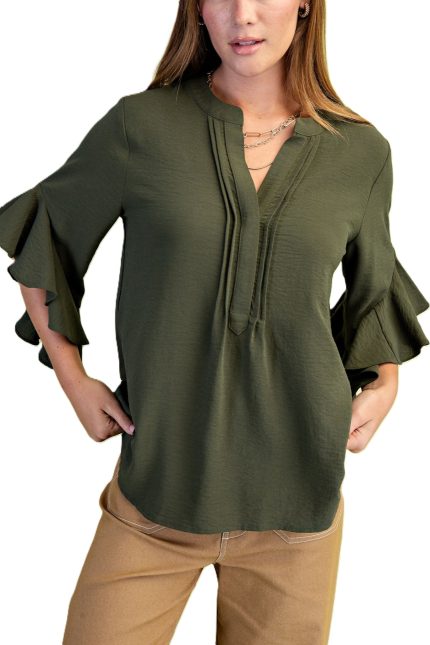 Ruffled Bell Sleeve And Front Pleated Detail Top