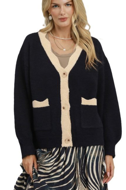Two-tone Contrast Trim Button Front Cardigan