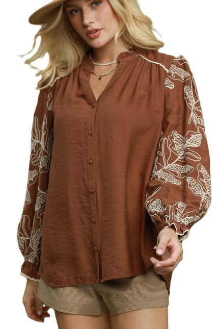 Floral Embroidered Balloon Sleeve Blouse