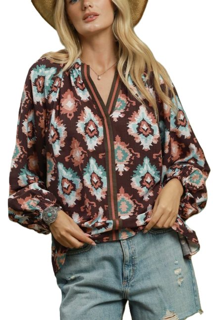 Abstract Medallion Print V-neck Long Sleeve Blouse
