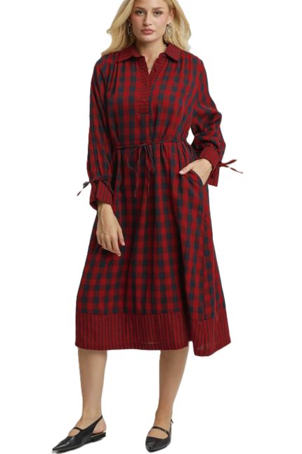 Plaid Mixed Print Belted Midi Dress