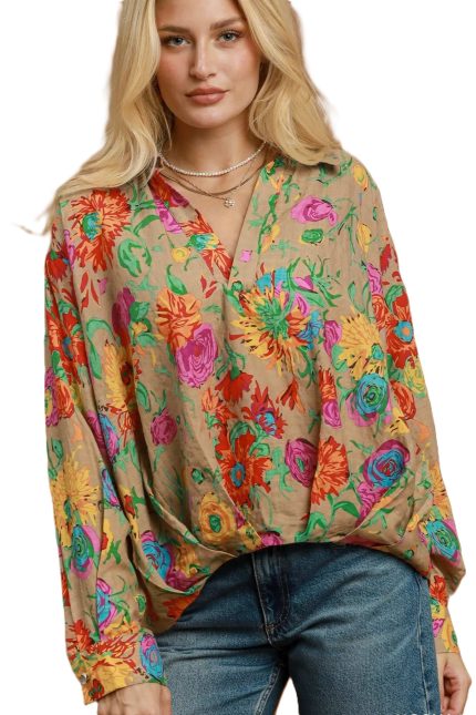 Floral Print Surplice Long Sleeve Blouse