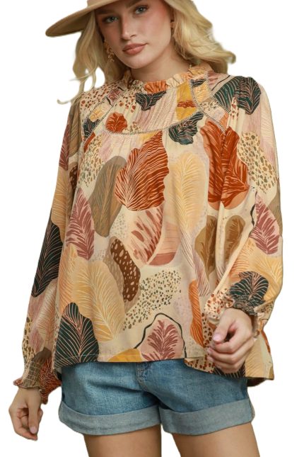 Abstract Leaf Print Ruffle Trim Long Sleeve Top