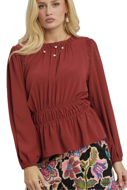 Ruffle Trim Smocked Waist Peplum Blouse