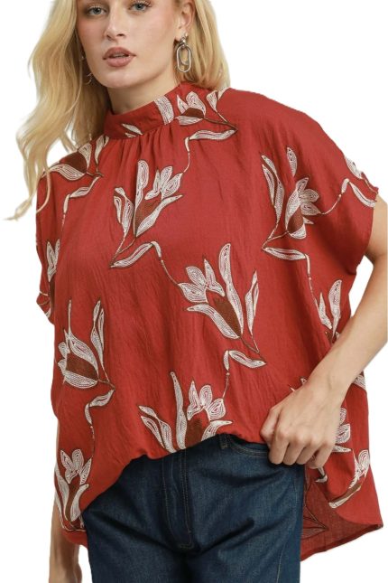 Embroidered Floral Mock Neck Dolman Sleeve Top