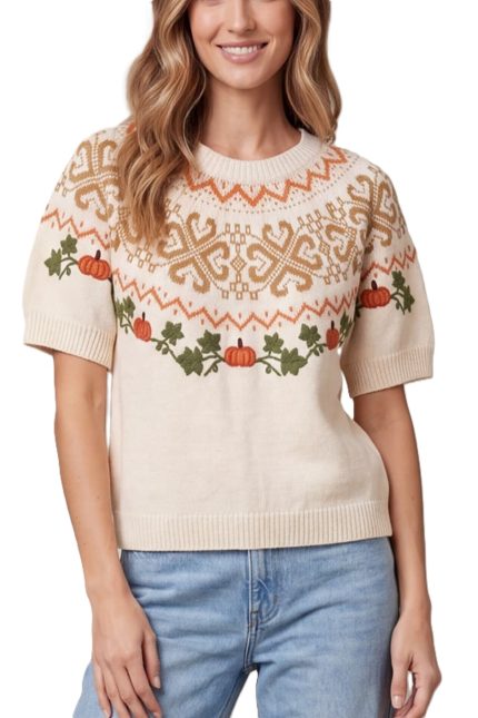 Pumpkin Embroidery Fair Isle Sweater