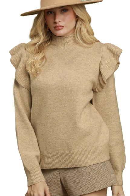 Ruffle Shoulder Mock Neck Sweater
