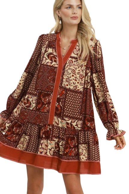 Mix Patchwork Print Tiered Long Sleeve Dress