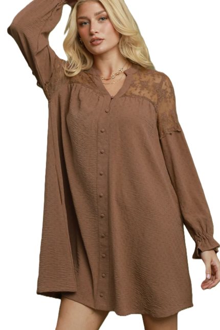 Lace Yoke Button Front Long Sleeve Tunic Dress