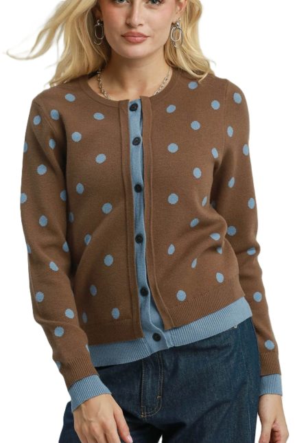 Polka Dot Contrast Trim Button Front Cardigan