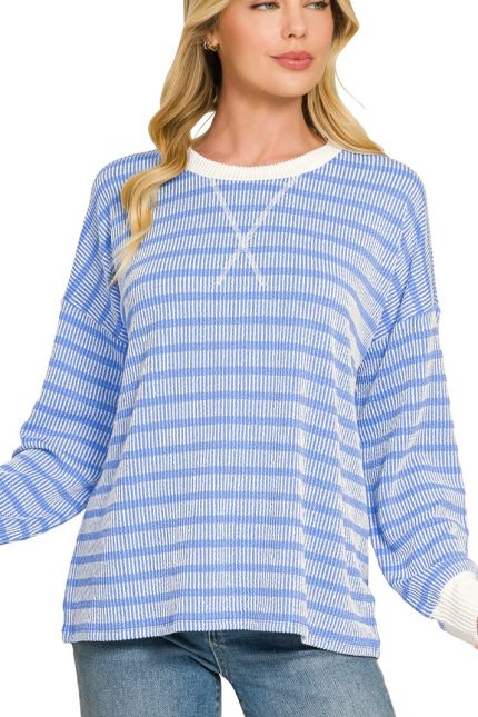 Raised Rib Striped Round Neck Pullover