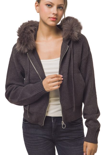 Removable Faux Fur Trim Hooded Zip Cardigan