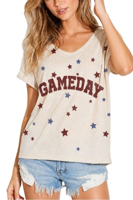 Gameday Print V Neck Short Sleeve Top