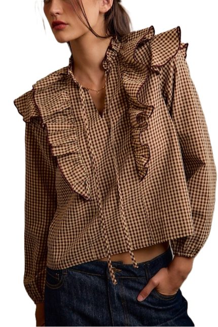 Ruffled Gingham Long Sleeves Blouse