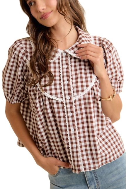 Gingham Check Lace Trimmed Short Blouse