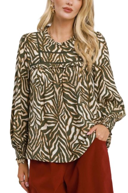 Abstract Zebra Print Ruffle Yoke Blouse
