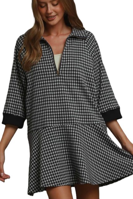 Gingham Pattern Half Zip Dress