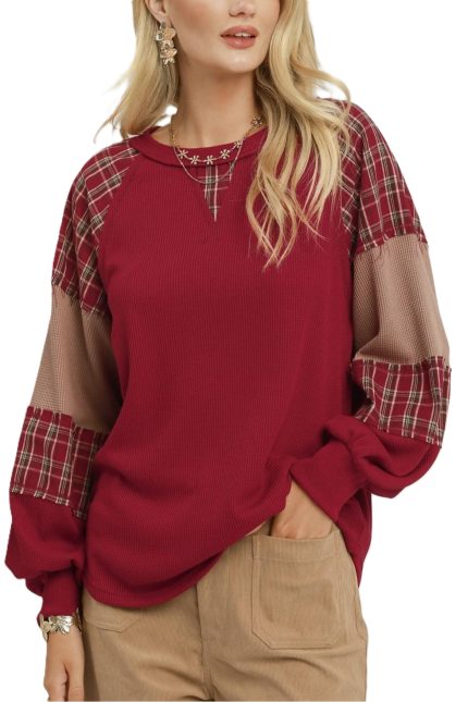 Plaid Patchwork Thermal Knit Top