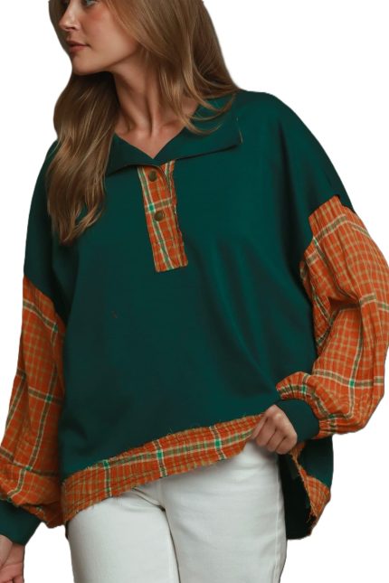 Plaid Contrast Long Sleeve Pullover