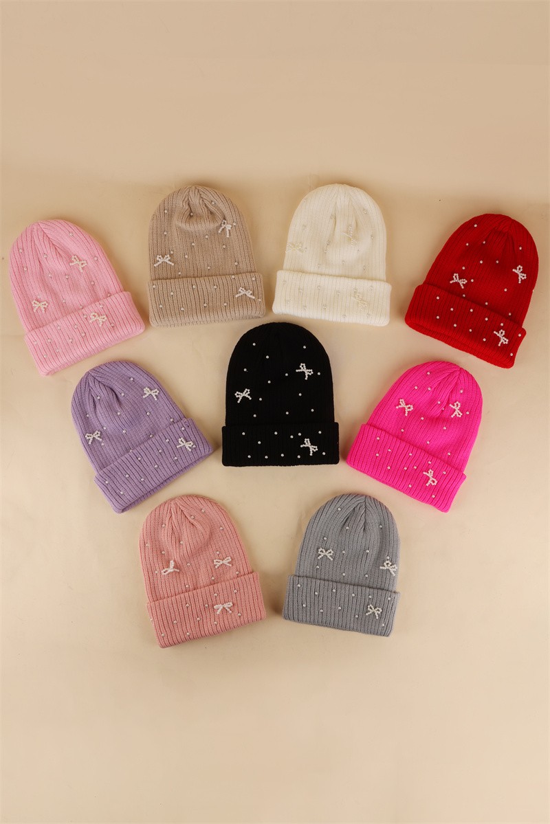 Pearl Coquette Bow Cuff Beanie