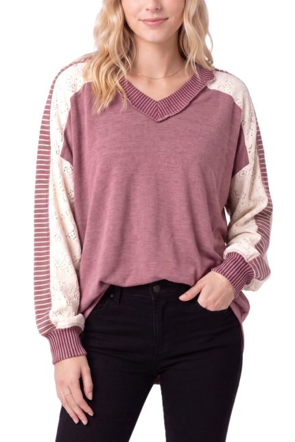 Contrast Lace V-neck Knit Top