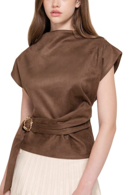 Short Slv High Neck Faux Suede Top