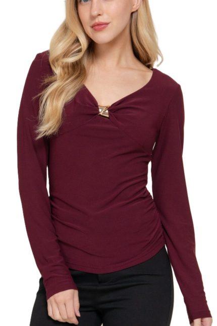 Long Slv Metal Applique V-neck Knit Top
